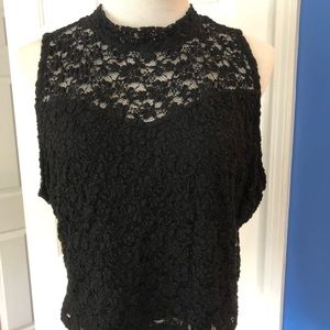 Rue+ black lace crop top high neck keyhole back 2x sleeveless bare shoulder